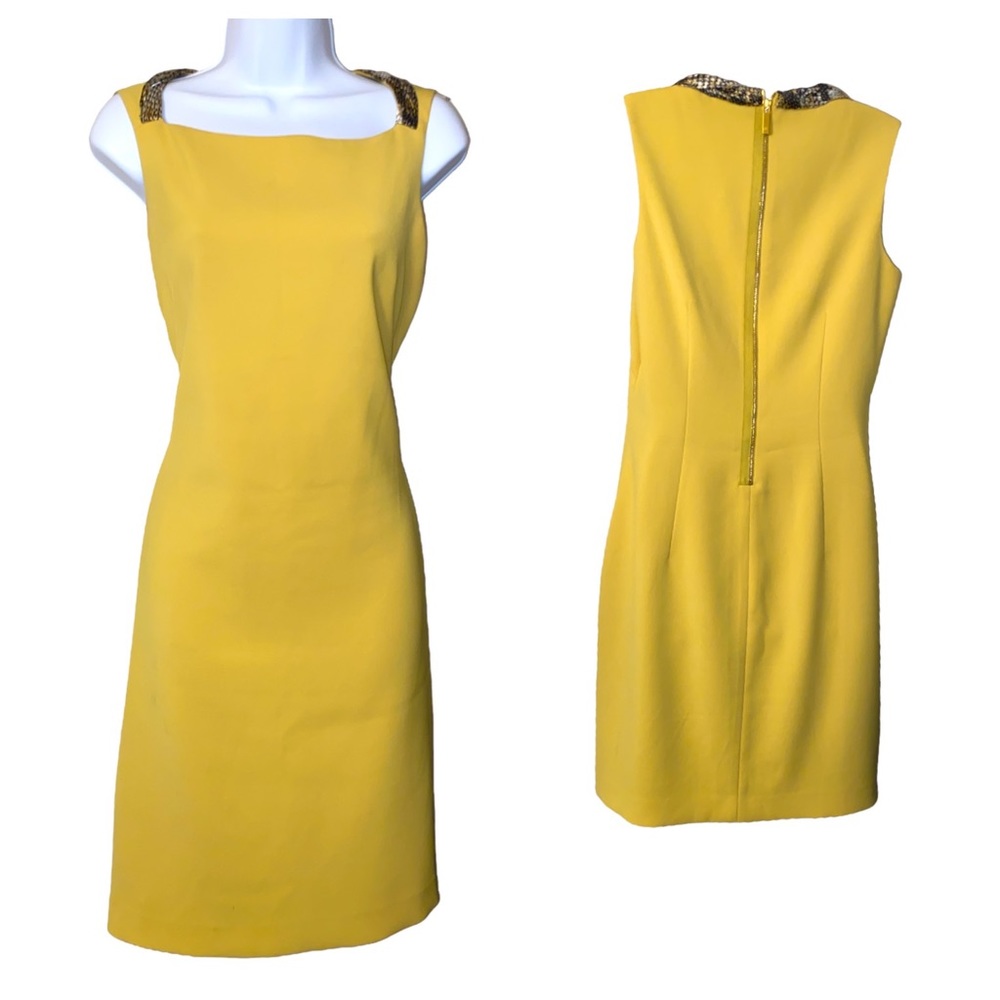 TAHARI Lemon Yellow Silk Snake Bateau Neckline Mini Dress Size 10